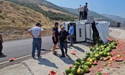 Gaziantep’te virajı alamayan karpuz yüklü kamyonet yan yattı