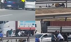 Otoyolda sürücü önce dövüldü sonra suyla ayıtılmaya çalışıldı: O anlar kamerada