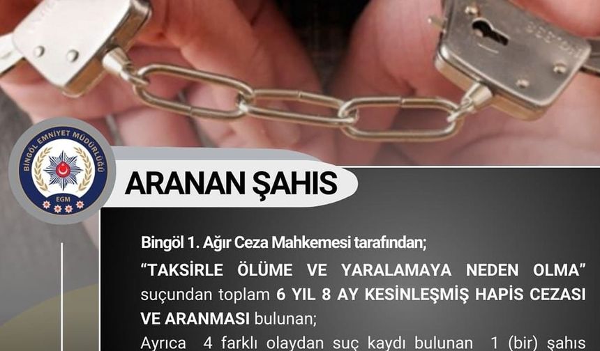 Bingöl’de 6 yıl 8 ay kesinleşmiş hapis cezası bulunan şahıs yakalandı
